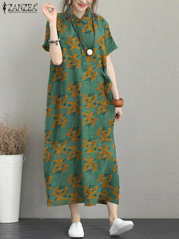 

Платье ZANZEA женское с цветочным принтом, винтажный Повседневный свободный пляжный сарафан средней длины с отложным воротником и коротким ру...