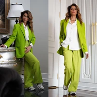 fashion green woemn blazer suits loose style notched lapel one button custom made pocket jacket wide legs pants 2 pieces set