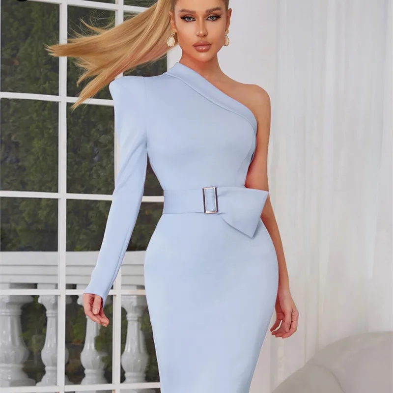 

2023 New Spring Women's Sexy Sky Blue Long Sleeve One Shoulder Slim Fit Midi Dress Elegant Celebrity Night Club Party Dresses