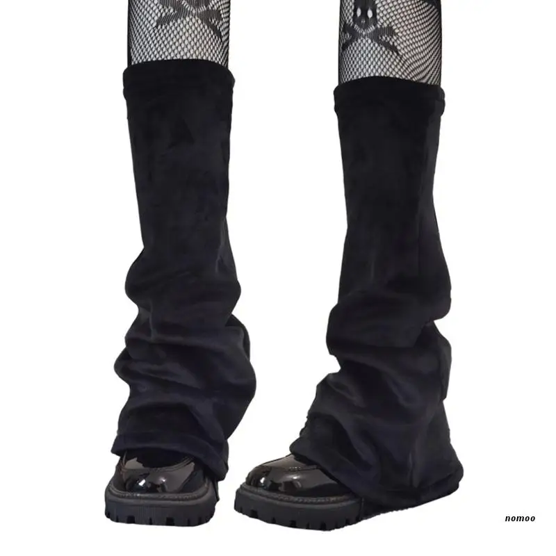 Women Gothic Punk Velvet Leg Warmers Black Flared Hem Foot Cover Knee High Socks