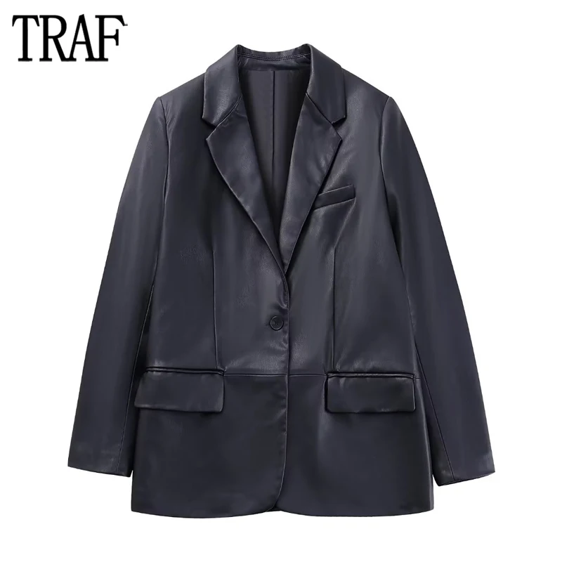 

TRAF Faux Leather Long Blazer Woman Black Oversize Blazers for Women Long Sleeve Button Jacket Women Fall Basic Women's Blazer
