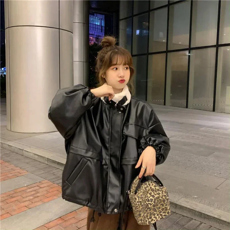 Женские парки из искусственной кожи черные лоскутные уютные теплые мешковатые