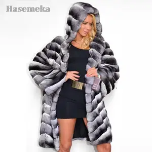 Real Chinchilla Color Rex Rabbit Fur Jacket With Hood Winter Women Overcoats Warm Whole Skin Rabbit 