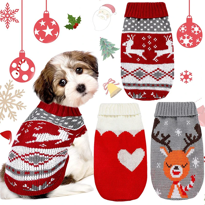 

Acrylic Cute Christmas Reindeer Maple Leaf Snowflake Holiday Pet Clothing Turtleneck Knit Sweater Dog Cat Winter Summer