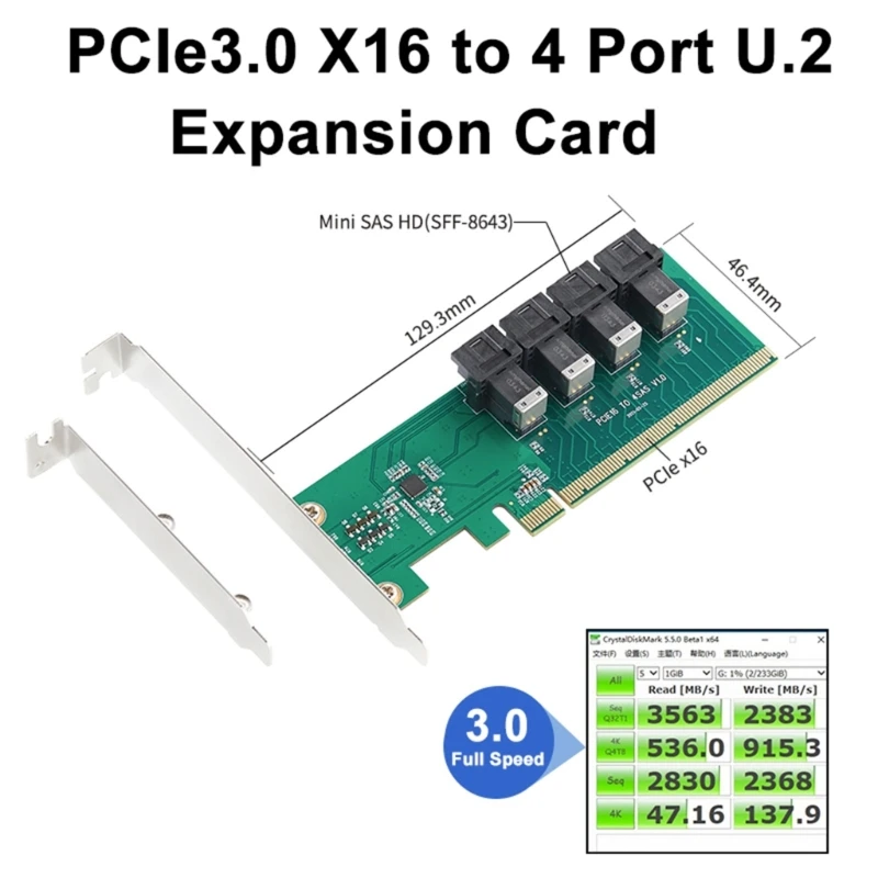 

PCI-Express3.0 X16 to 4 Port MiniSAS SFF-8643 SFF-8639 Expansion Card Riser-
