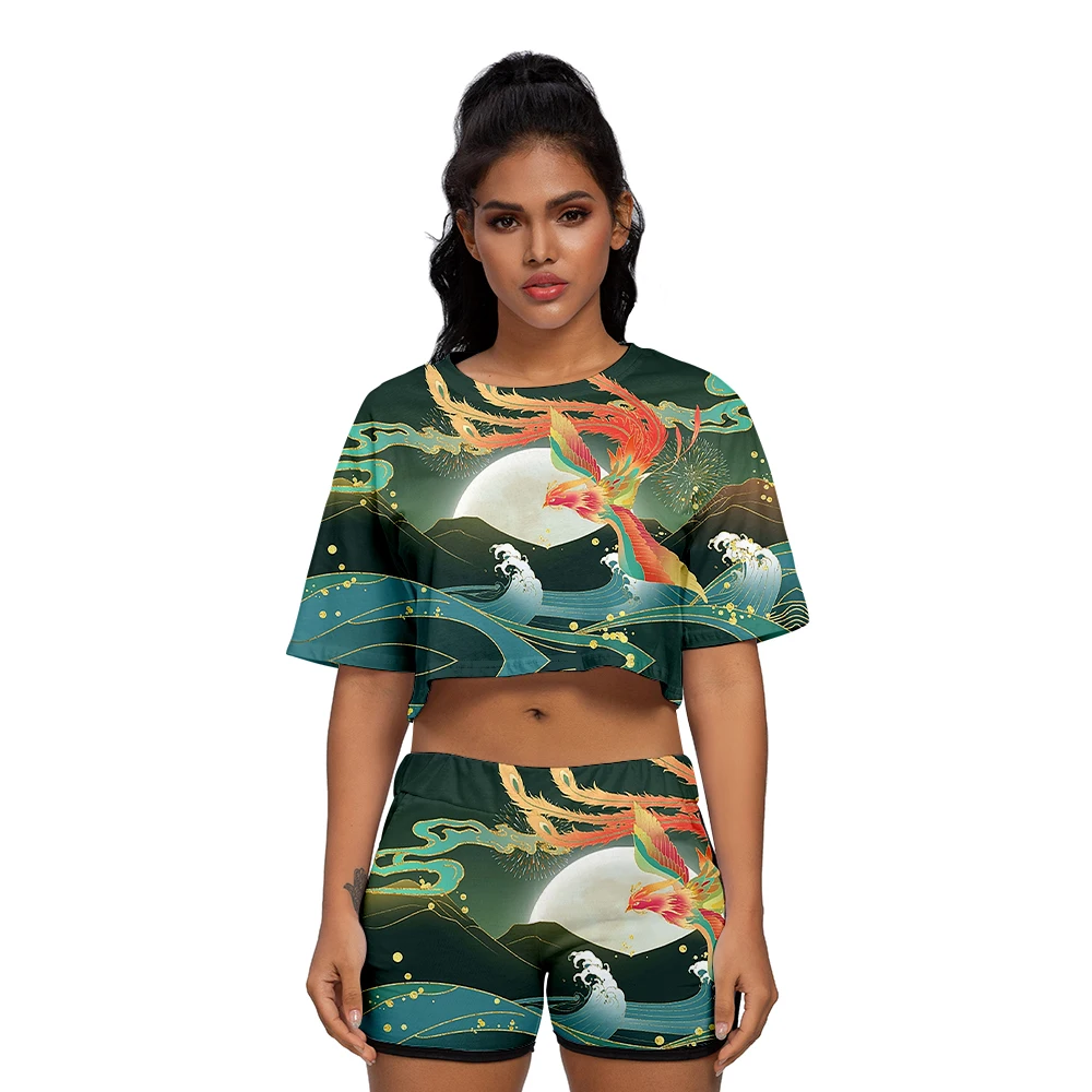 

Шорты женские с коротким рукавом и принтом Феникс, повседневный костюм для йоги, бега, занятий спортом дома, летняя одежда с пупком