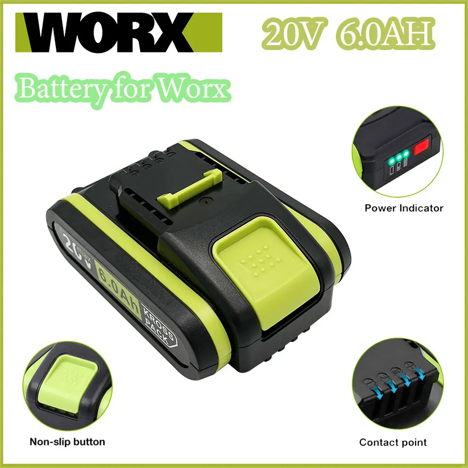 

Worx New Power Tools Rechargeable Replacement Lithium Battery 20V 6000mAh for Worx WA3551 WA3553 WX390 WX176 WX178 WX386 WX678