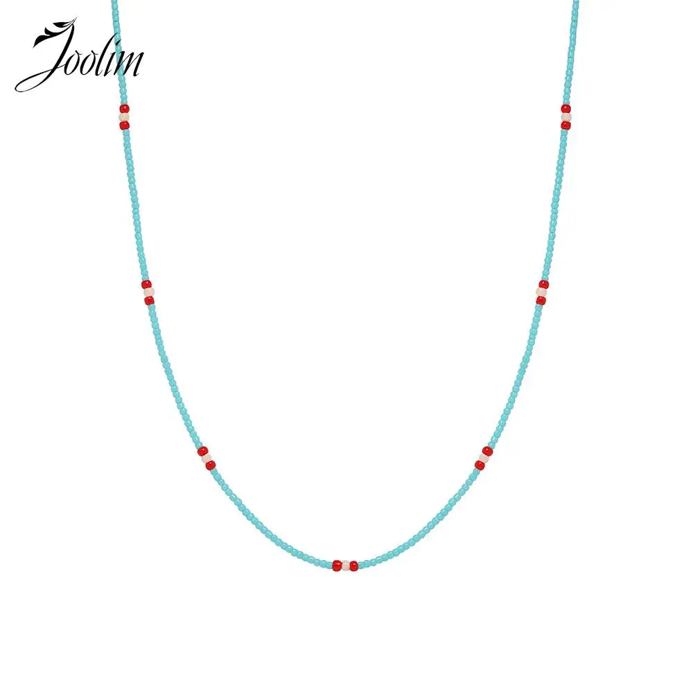 

Joolim Jewelry High End PVD Wholesale Waterproof Elegant Boho Mint Blue Handmade Pearl Stackable Chain Stainless Steel Necklace