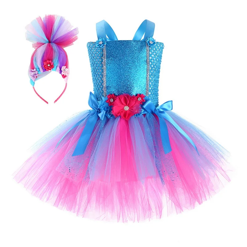 

New Halloween Trolls Tutu Dress For Girls Princess Poppy Birthday Costume Kids Magic Elves Christmas Dresses Fairy Flower Outfit