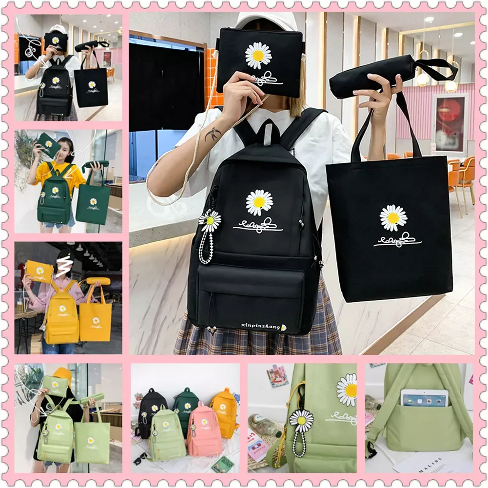 

4pcs/Set Preppy Style Daisy Print Backpacks Canvas School Rucksack Teenager Girls Travel Mochila Shoulder Bags Pen Clutches