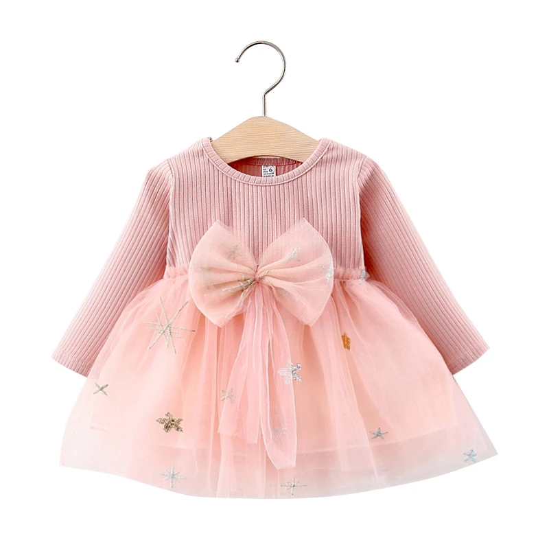 

2022 Baby Girl Clothing Newborn Infant Dress Long Sleeve Patchwork Star Mesh Princess Dress Bow Brooch Toddler Kids Party
