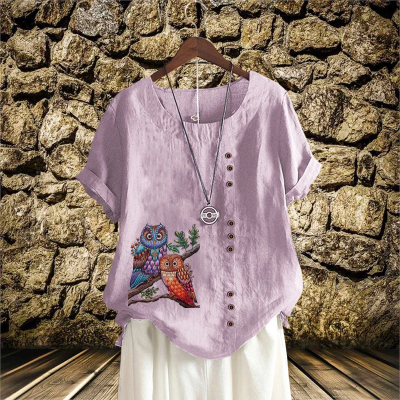 

Round Neck Fashion Casual Shirt for Women Lady's Loose Linen T Shirt Loose Short Printed Sleeve Top Summer XS-5XL
