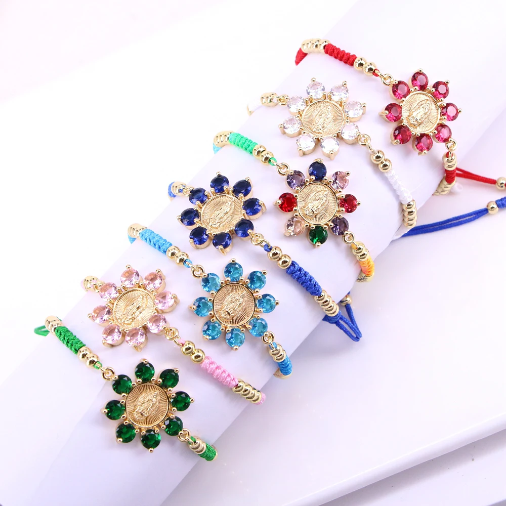 

5Pcs Chic Dainty gold plated Crystal CZ Zircon Virgin Mother Mary charm macrame cord string bracelets Women Girl Fashion Jewelry