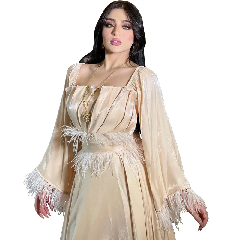 Modest Dress European Muslim Fashion Clothing 2023 Middle East Turkish Ostrich Fur Vestidos Largos with Belt Evening Dresse