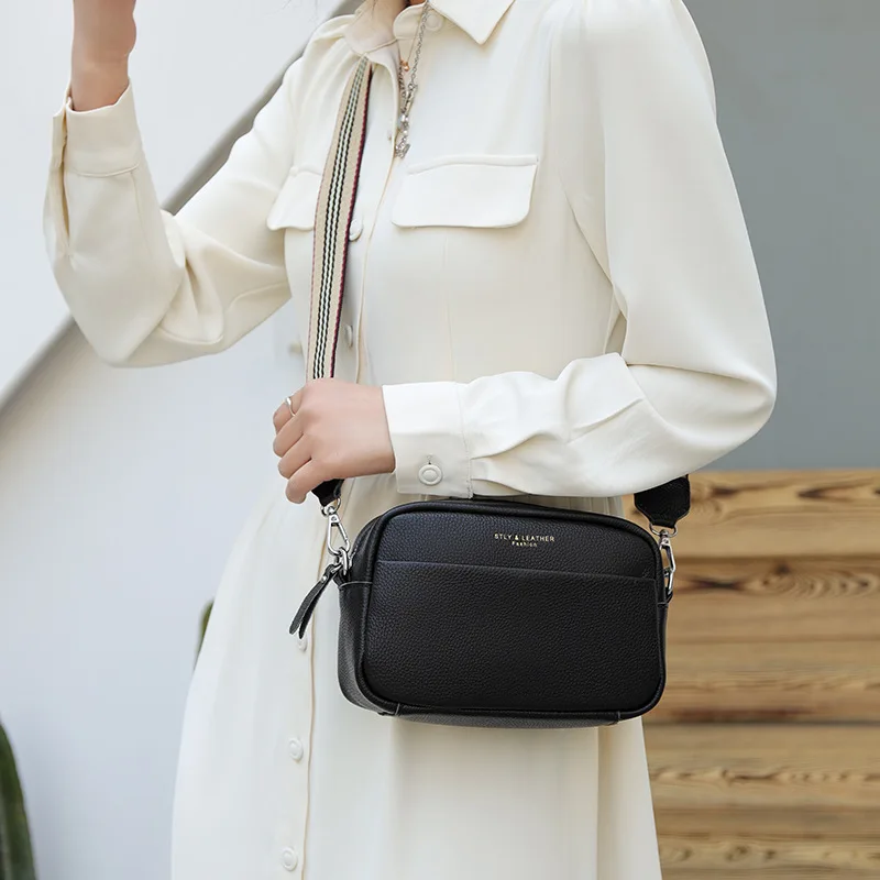 

Women's Genuine Leather Crossbody Bags 2022 New Ladies Handbags Wide Straps Casual Tote Bag Female Shoulder Bags Sac a Main