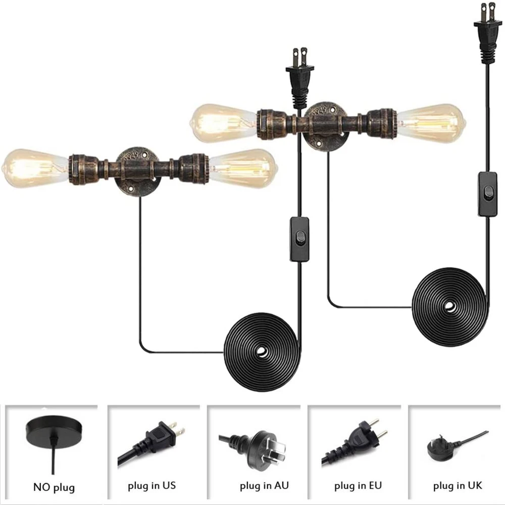 

Винтажный настенный светильник Эдисона E26, промышленный металлический настенный светильник с 2 лампами, настенное бра с золотистой ржавчиной и штепсельной вилкой Cor