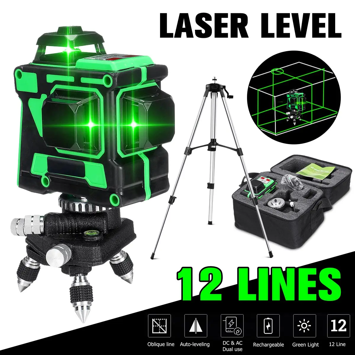 

FASGet Laser levels 12 Lines 3D Green Light HorizontalVertical Cross 360 Auto Self-Leveling Laser Levels 5800mAh BatteryTripod