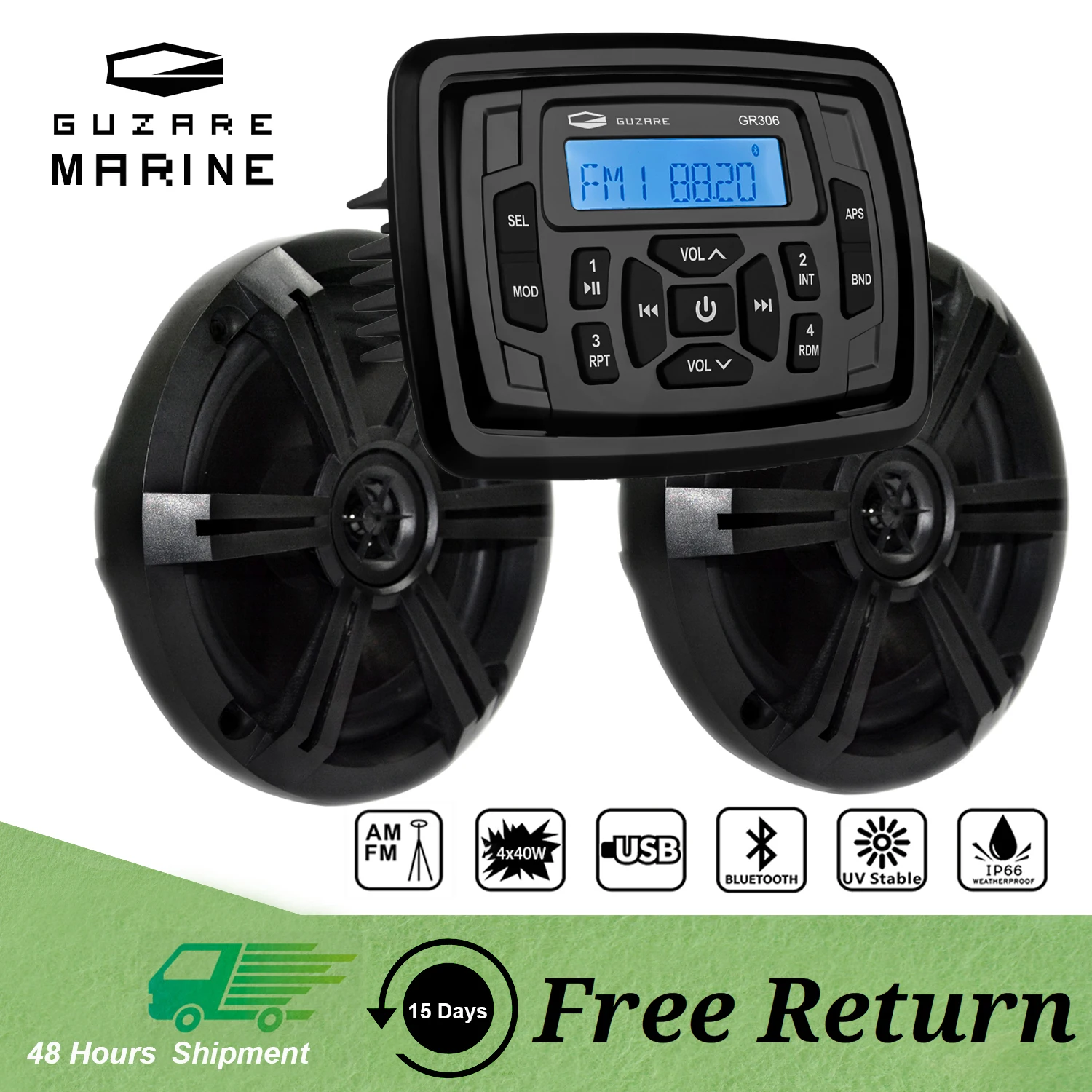 GUZARE MARINE Stereo Radio Bluetooth Digital Media Player,Waterproof Boat Speakers for Golf Cart ATV UTV RV Jetski Fishing Boats