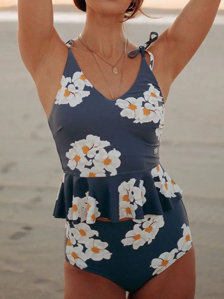 

Floral Ruffled Hem Bikinis Women‘s Swimwear V Neck Tummy Control Swimsuit Female Beach Bathing Suits Swimming Bodysuit Tankinis