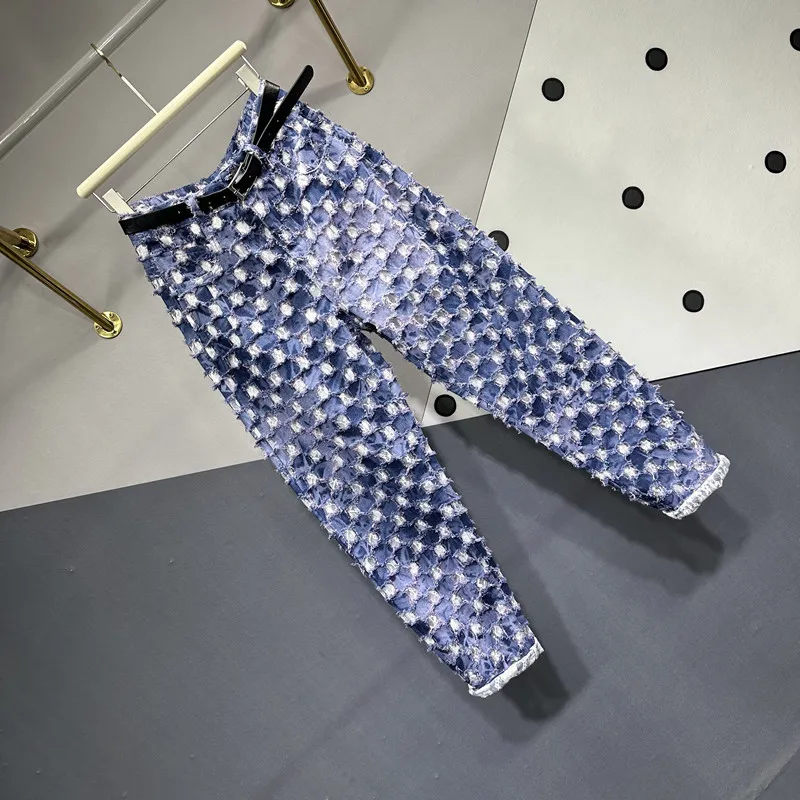 Tie-Dyed Ripped Lace Patchwork Jeans Women's European Station 2023 Summer New High Waist Slimming Tappered Harem Denim Pants