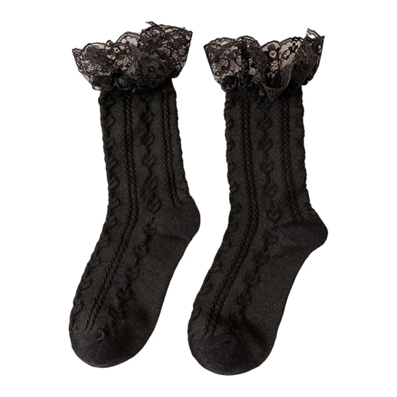 

Женские кружевные носки Лолиты с рюшами, жаккардовые носки в полоску с бантом