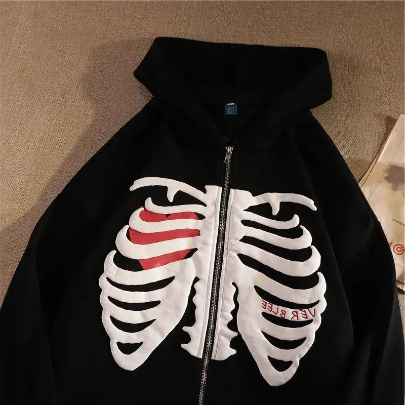 

Fashion Y2K Skeleton Hoodies Women Gothic Black Zip Up Oversized Sweatshirt Ladies Retro Harajuku Hooded Jacket Streetwear