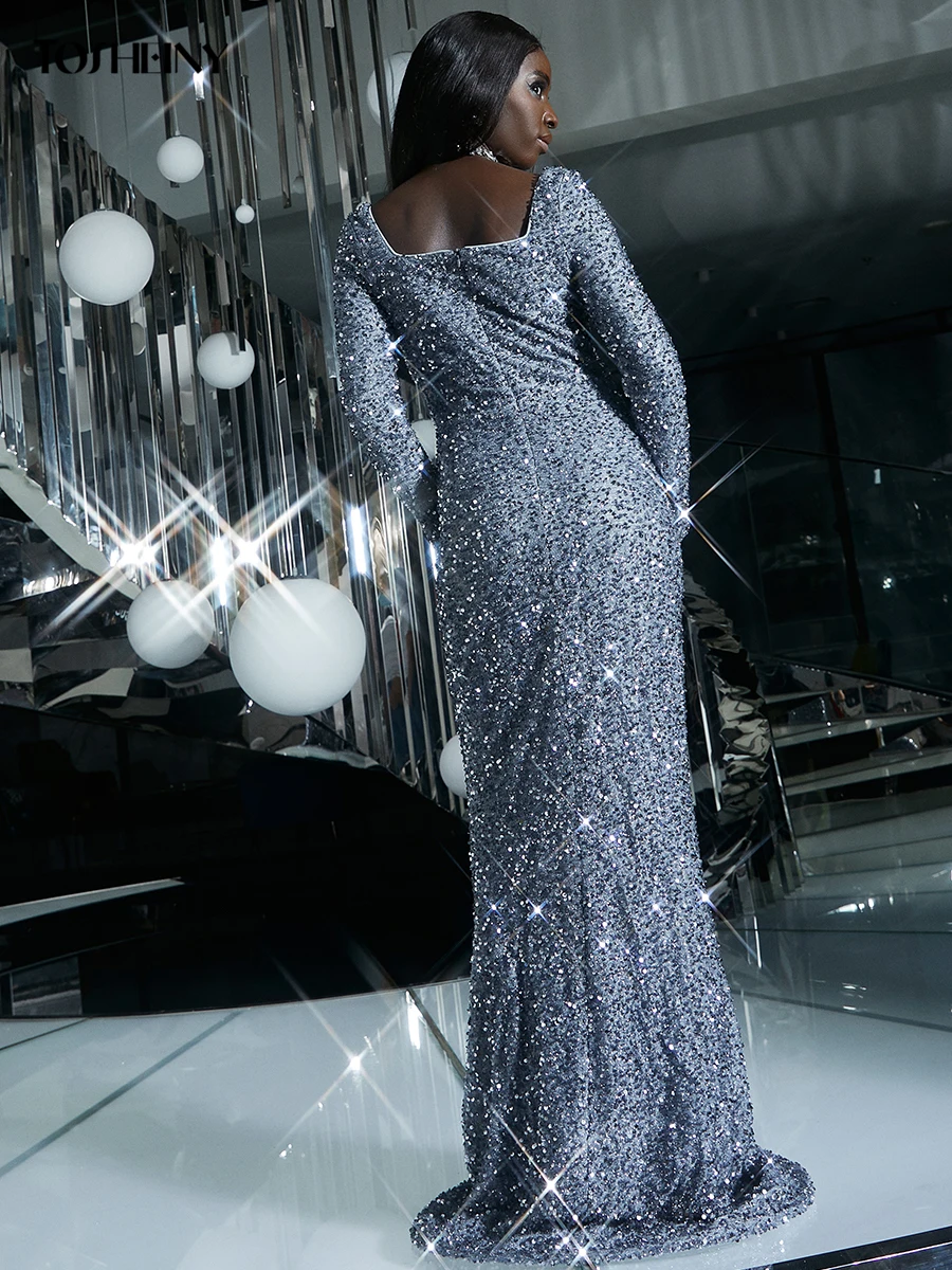 Длинное платье-Русалка с длинным рукавом блестками и V-образным вырезом