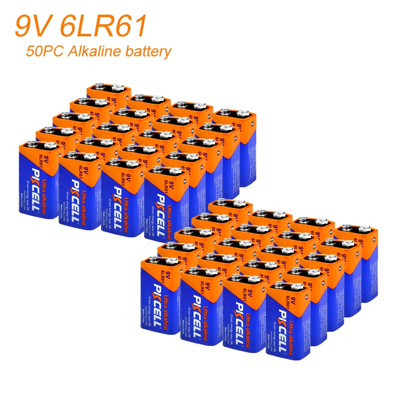 50 шт. PKCELL 9 В 6LR6 1 щелочная батарея сухие первичные батареи AM6 1604A MN1604 522 для детектора беспроводного микрофона