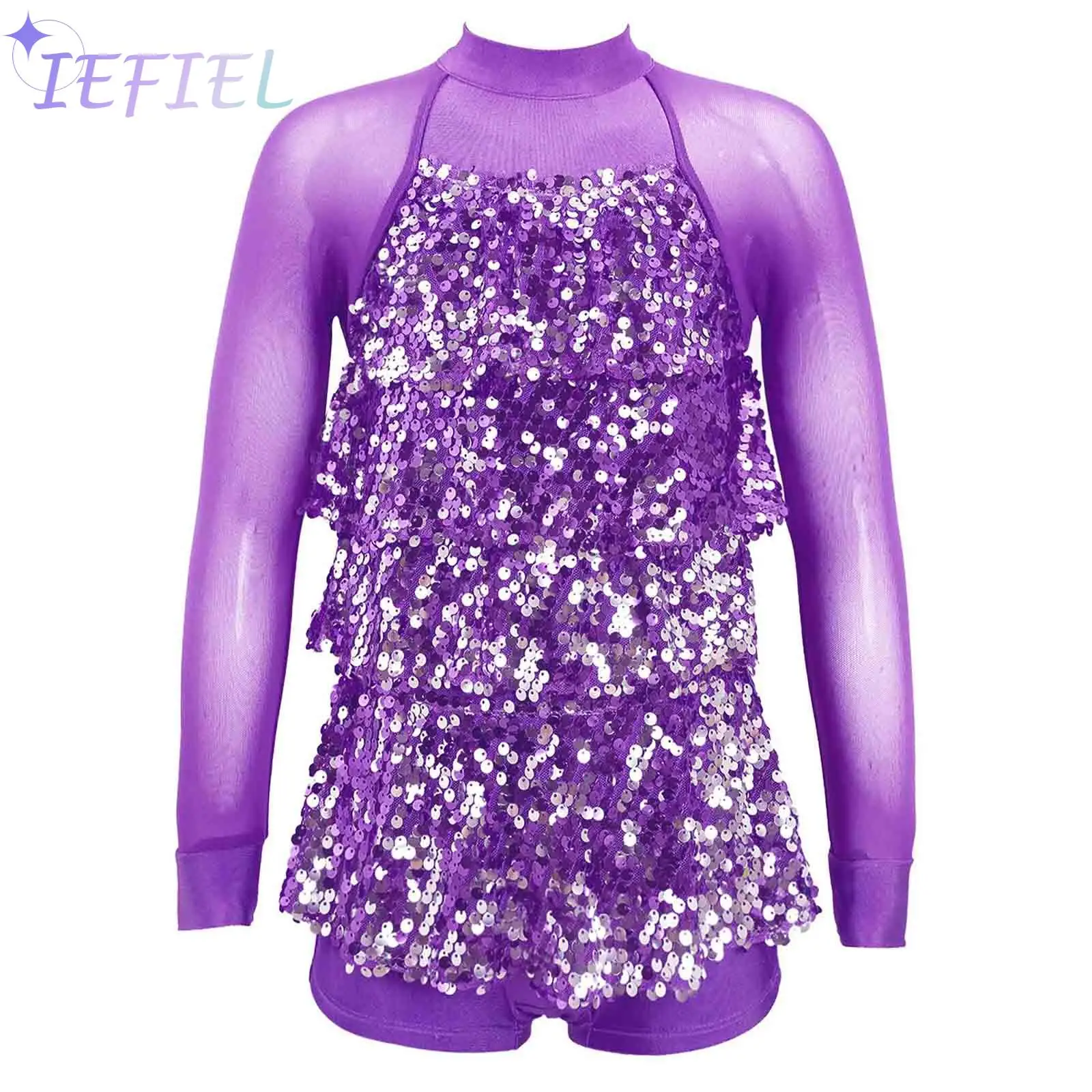 

Kids Girls Sparkling Sequins Hip-Hop Jazz Ballet Latin Modern Dance Leotard Jumpsuit Performance Costume Backless Dance Dress