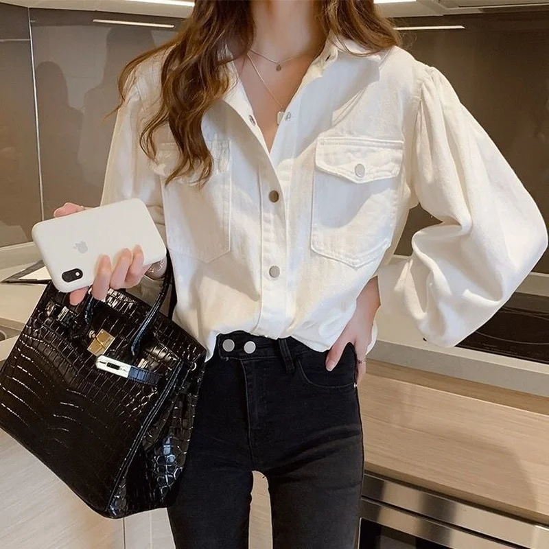 

Deeptown Vintage Women Blouse White Elegant Office Korean Fashion Long Sleeve Casual Loose Spring Pocket Y2K Shirt Basic Chic