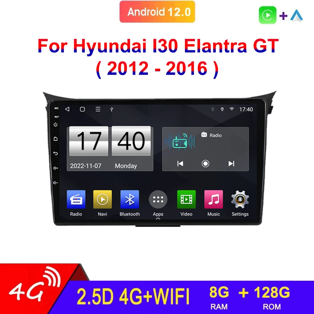 

Автомагнитола 2 Din для Hyundai I30 Elantra GT 2012-2016, мультимедийный видеоплеер Carplay 9 ", 4G, Android 12, GPS-навигация