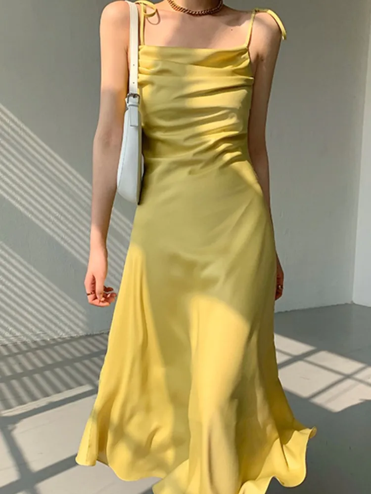 

Women's Summer Elegant Spaghetti Strap Midi Dress Solid Color A-Line Casual Party Sling Vestidos Female Fashion Backless Clothes
