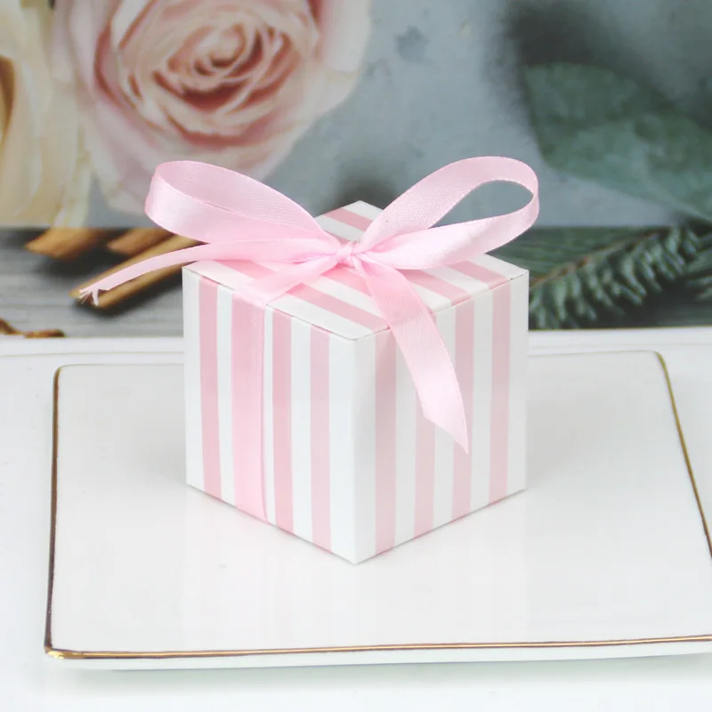 

25pcs Stripe Pattern Candy Box Square Gift Bags with Ribbon Candy Packaging for Wedding Baby Shower Party Decorations Supplies