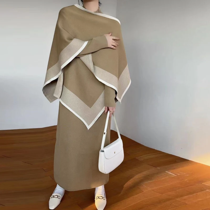

Elegant Ladies Korean Autumn and Winter New Large Shawl Cape Color Blocking Loose Models Fashion Knitted Dress Two-piece Set