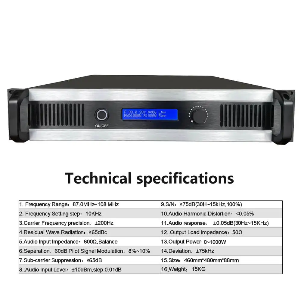 Высокомощное FM радио для вещания 1000 Вт с внешней антенной и комплектом кабелей |