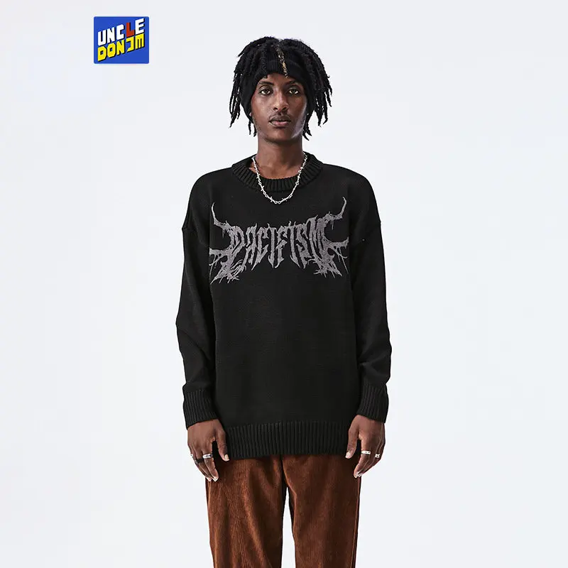 

Hip Hop Streetwear Knitted Sweater Gothic Letter Pullover 2022 Men Autumn Harajuku Cotton Casual Sweater