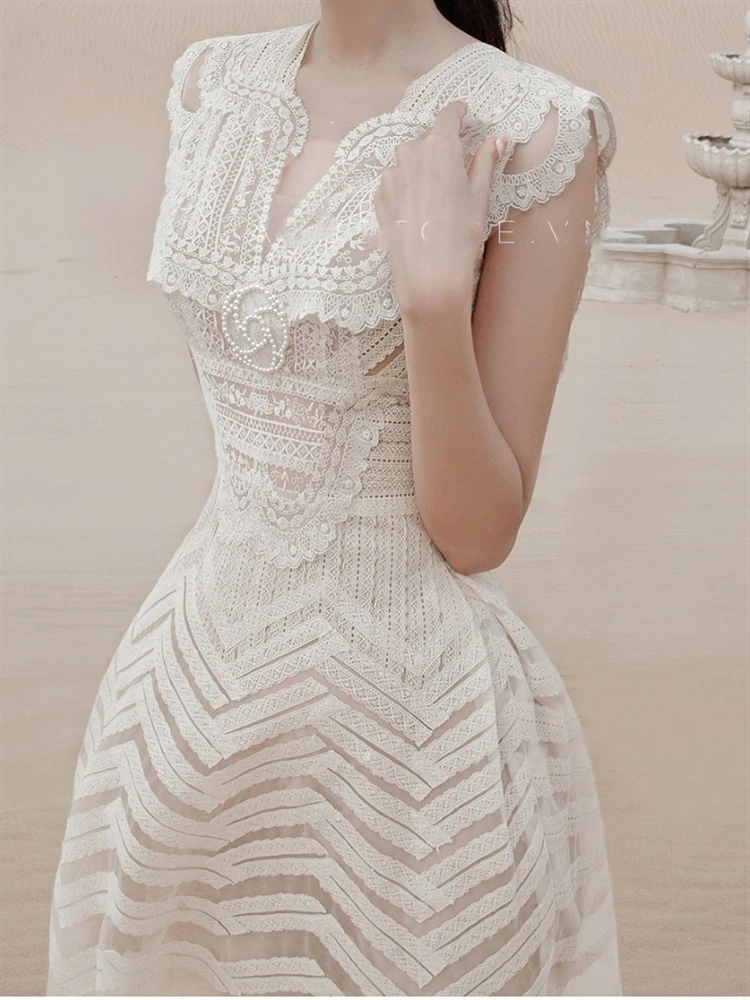 Женский Винтажный кружевной сарафан без рукавов однотонное платье абрикосового