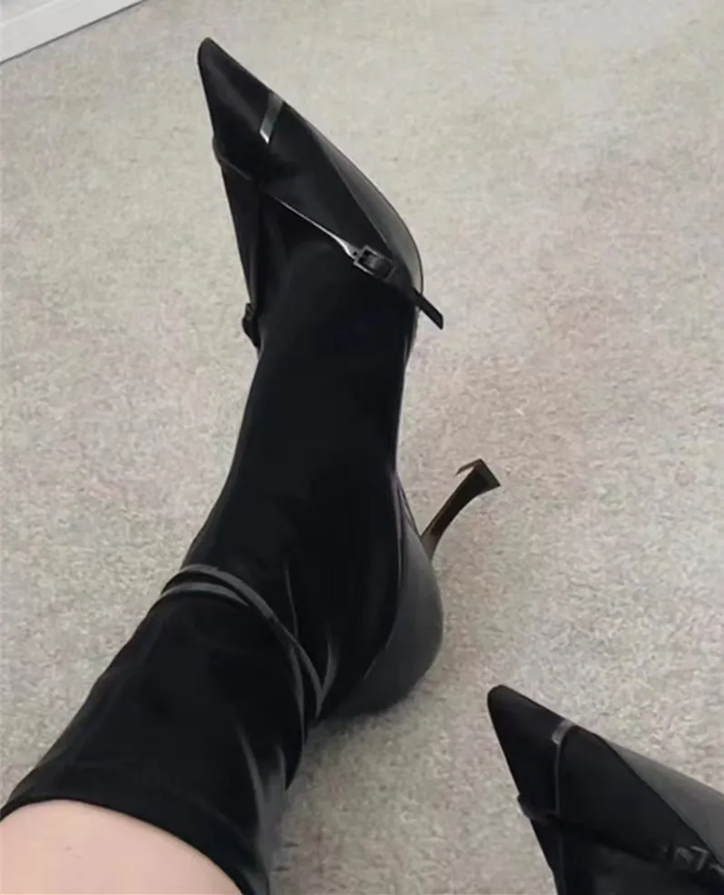 Купи Fashion Women Stretch Sock Boots Pointed Toe Ankle Booties Black Thin High Heels Slip on Belt Buckle Elegant Autumn Botas Black за 709 рублей в магазине AliExpress