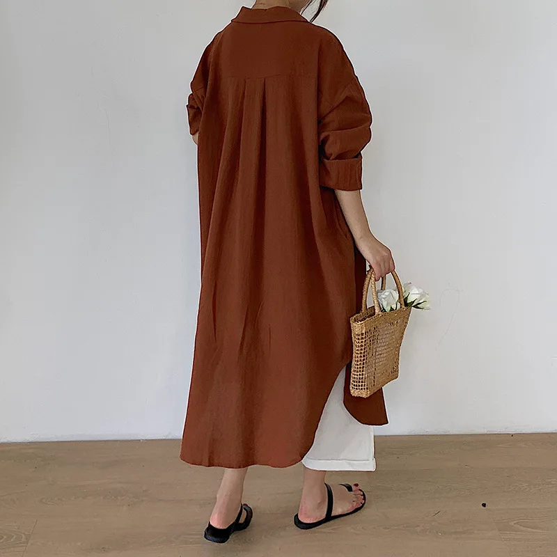 Autumn Spring Cotton Linen Dress Women's Elegant Long Shirt Dress Oversize Casual Female Simple Color Split Button Beach Dress