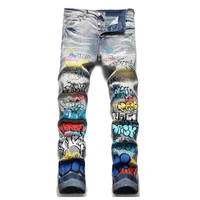 hip hop cartonn printed casual jeans trousers punk style streetwear slim denim pants for male harakuju