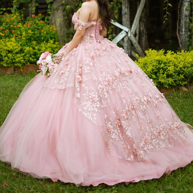 Женское розовое платье принцессы Quinceanera 2024 с открытыми плечами 3D Цветочные