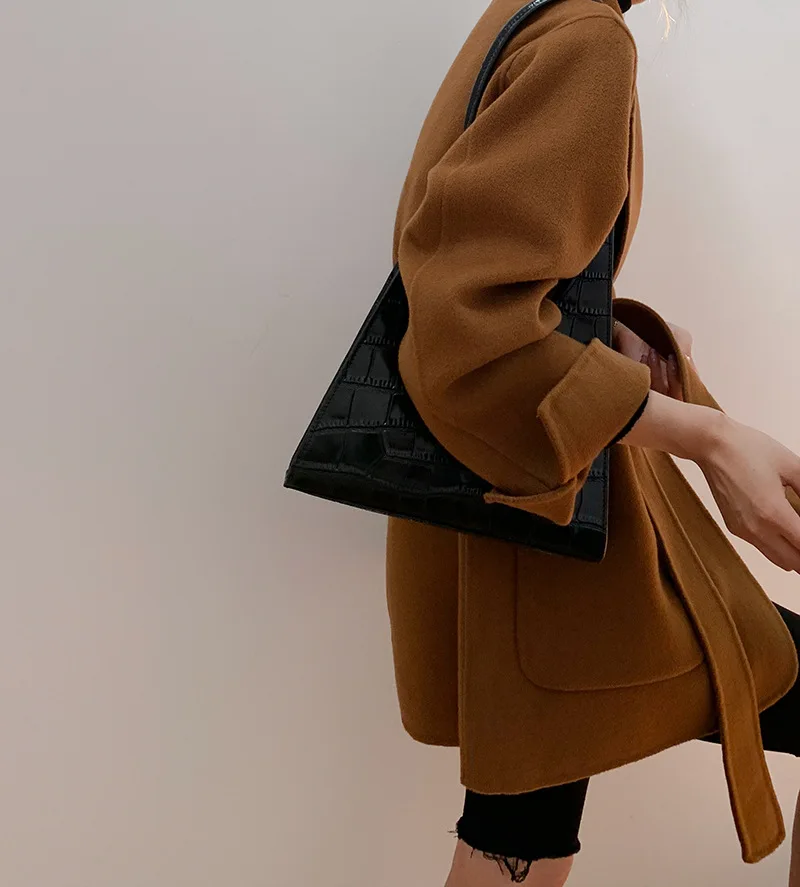 Wholesale double-sided cashmere woolen coat women's long black caramel color lace small bathrobe double-sided woolen coat