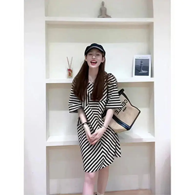 2023 Spring/Summer Korean Version New Loose Striped Dress High End Design Casual Fashion Simple A-line Short Skirt