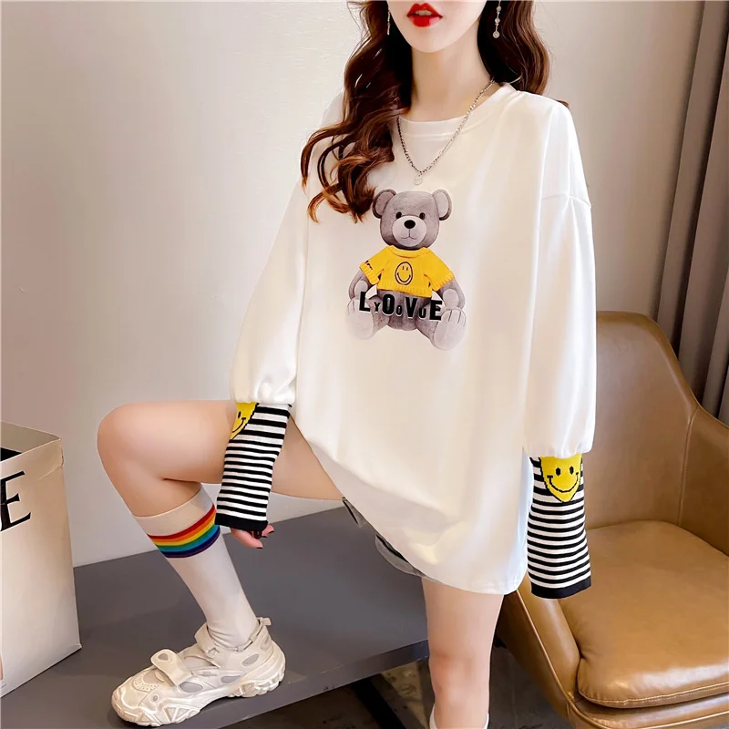 

#0411 футболка с рисунком медведя из мультфильма, Женская хлопковая свободная футболка в Корейском стиле для девушек, белая осенняя