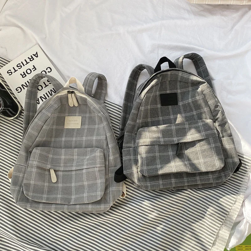 

2022 Autumn Plaid Canvas Backpack Female Middle School Students Junior High School Students Backpack College Students Simple Cut