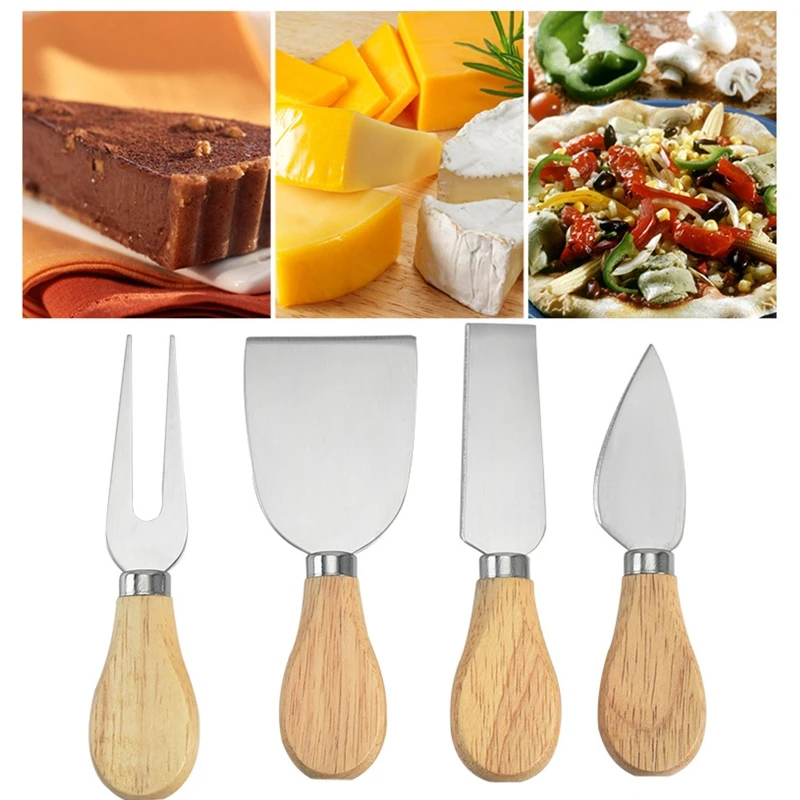

Набор из 4 ножей для сыра с деревянной ручкой, Мини ножи для сыра из нержавеющей стали, идеально подходит для резки сыра, нож для масла