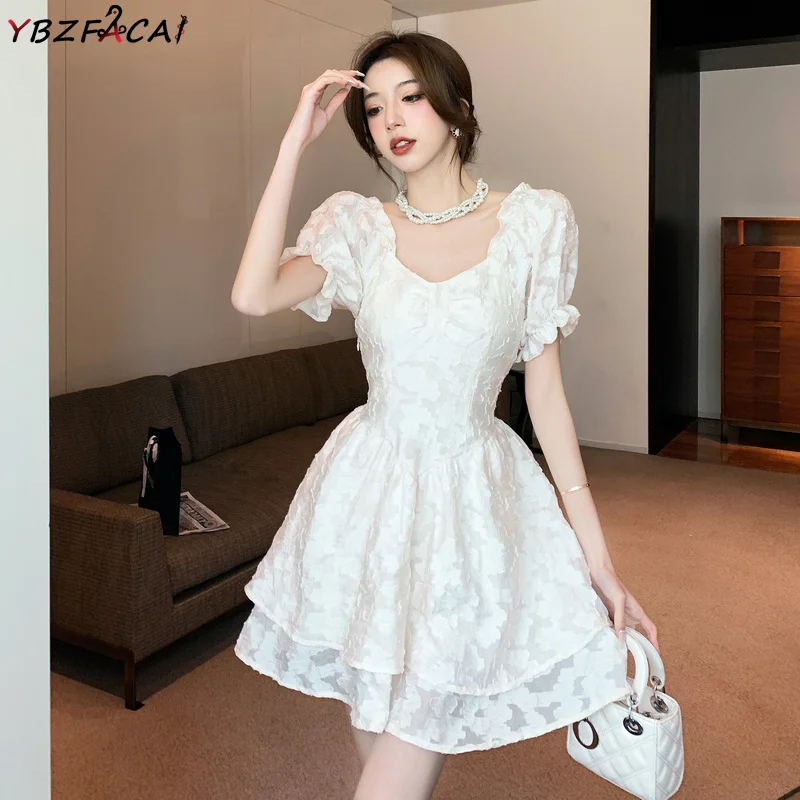 

Женское кружевное жаккардовое платье-трапеция, Белое Облегающее Платье во французском стиле с пышными рукавами и завышенной талией в стиле ретро, лето 2019