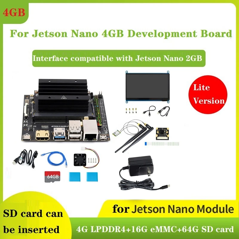 

Для Jetson Nano 4G Lite DEV Kit + Core Board + 64G SD Card + Cardreader + 7-дюймовый экран + камера + сетевая карта + питание