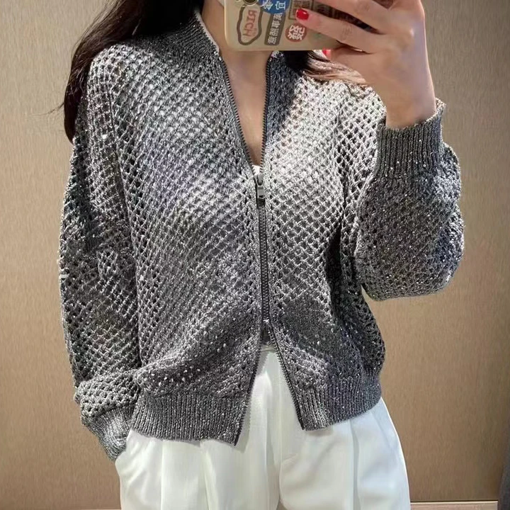 

2022 Summer Collection Elegant Lady Linen Blend Knitted Zipped Cardigan