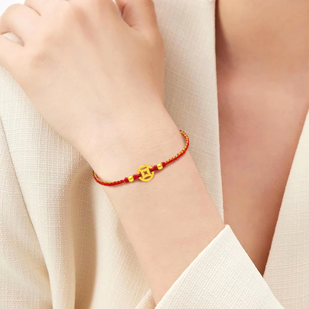 Аутентичный браслет из желтого золота 999 пробы 24 карата с красным шнуром 3D